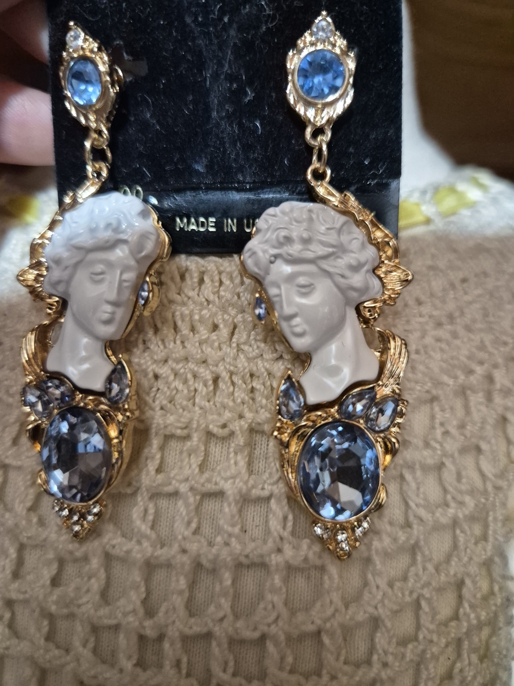 Gold-Tone Blue Cameo Portrait Drop Earrings